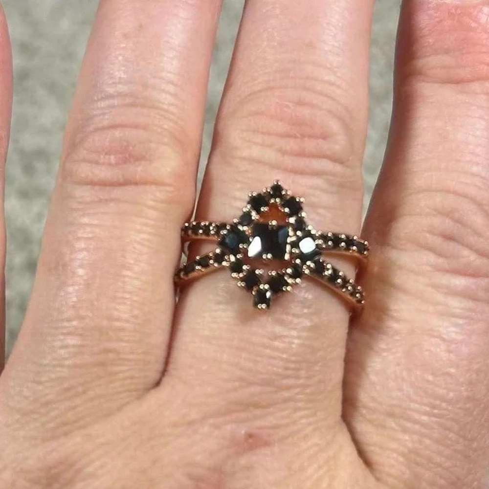 Bomb Party Ring Black Onyx Geometric Statement Double Band Womens Size 10